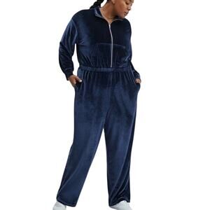 Fabletics Sz XL Deep Navy Velvet Jumpsuit One Piece Wide Leg Romper Zip-up